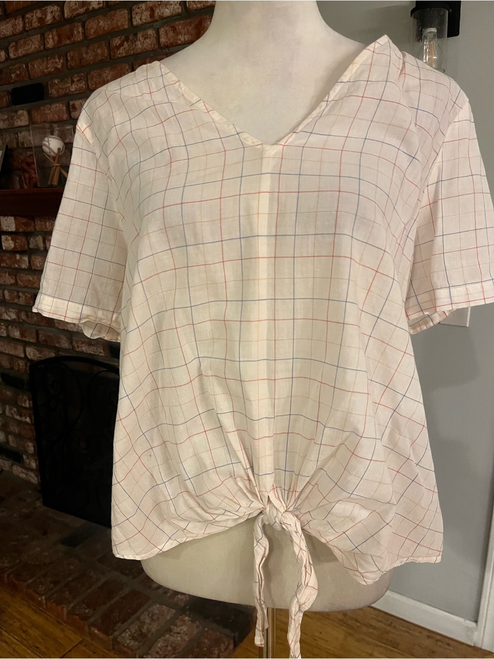 Madewell Women's Cream Plaid Tie-Front Short Sleeve Top
